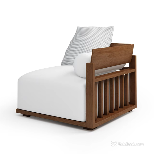 Modern Single Sofa With Wooden Frame White Cushion And Checkered Pillow 3d model