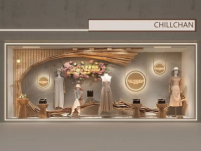CHILLCHAN Window Display With Mannequins In Elegant Dresses Floral Decoration And Warm Lighting 3d model