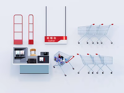 Key Commercial Equipment For Retail Stores Including Cashier Desk Shopping Carts And Signboard 3d model