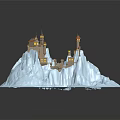 Castle Building On Snow Covered Mountain With Lit Towers And Illuminated Lights