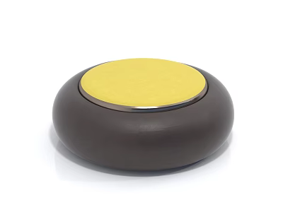 Round Design Stool With Dark Brown Body Yellow Cushion And Metal Trim 3d model