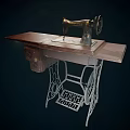 Vintage Industrial Sewing Machine With Wooden Tabletop And Metal Frame Structure
