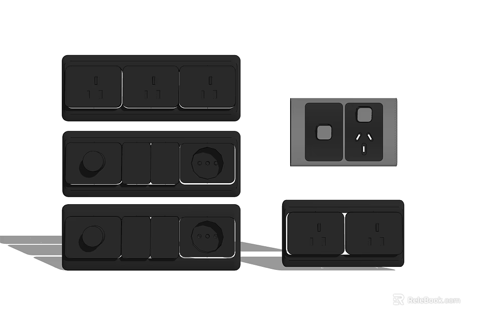 Modern Black Switch Panel Collection With Various Design Styles And Sockets 3d model