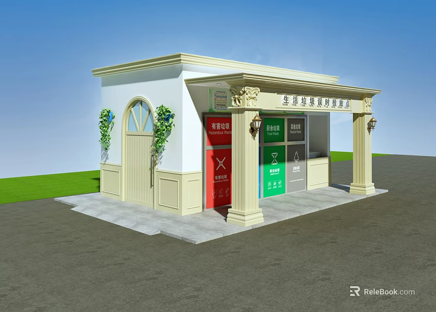 European Style Architecture Pavilion With Classical Columns Arched Door Green Plants And Trash Bins 3d model 