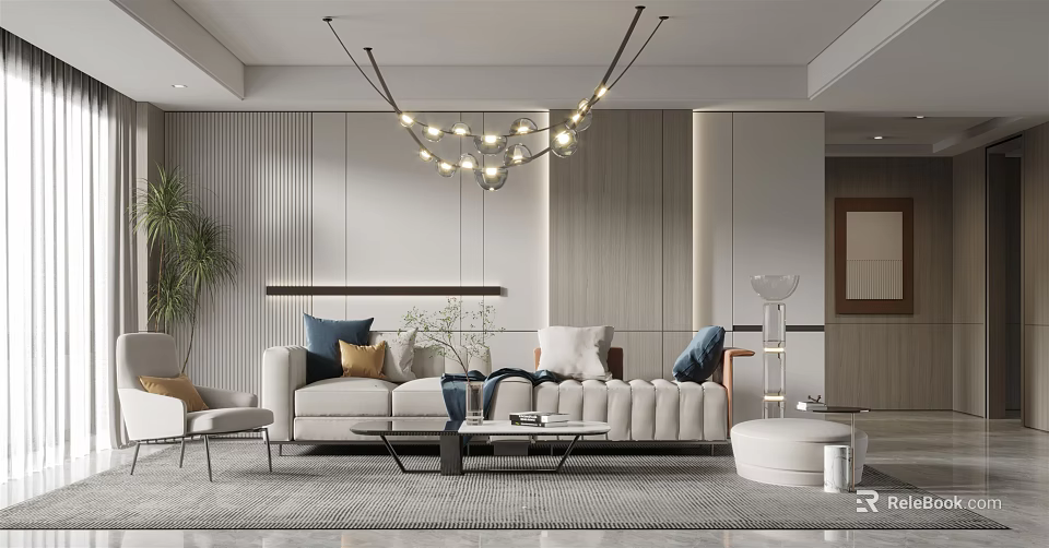 Modern Living Room Interior With String Light Chandelier Sofa Coffee Table And Throw Pillows 3d model