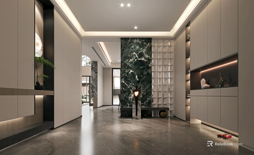 Modern Foyer Hallway With Marble Accent Wall Recessed Lighting Cabinets And Greenery 3d model 