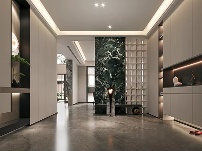 Modern Foyer Hallway With Marble Accent Wall Recessed Lighting Cabinets And Greenery 3d model