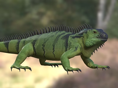 Green Reptile Iguana With Striped Body Spines And Sharp Claws In Natural Habitat 3d model