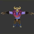 Horned Warrior 3D Character With Blue Body Yellow Orange Armor Brown Pants And Outstretched Arms