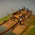 Ancient Wooden Chariot With Large Spoked Wheels Metal Containers And Spears
