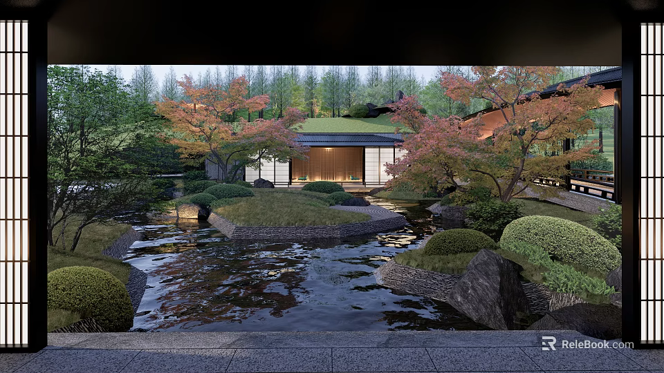 Tranquil Courtyard Garden Design With Pond Rocks Autumn Trees And Lush Greenery 3d model 