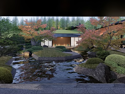 Tranquil Courtyard Garden Design With Pond Rocks Autumn Trees And Lush Greenery 3d model