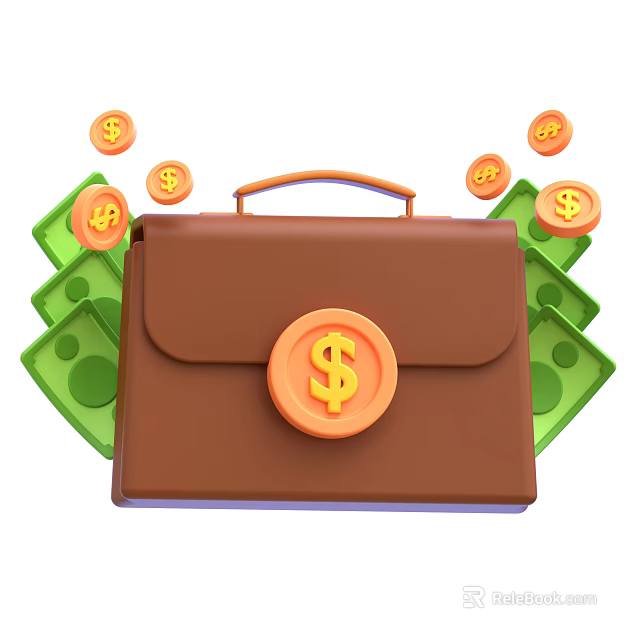 Decorative Ornament Set With Brown Briefcase Orange Dollar Sign Green Banknotes And Yellow Dollar Coins 3d model 