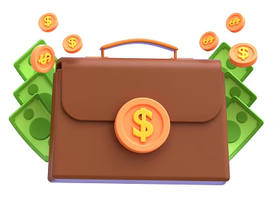 Decorative Ornament Set With Brown Briefcase Orange Dollar Sign Green Banknotes And Yellow Dollar Coins 3d model