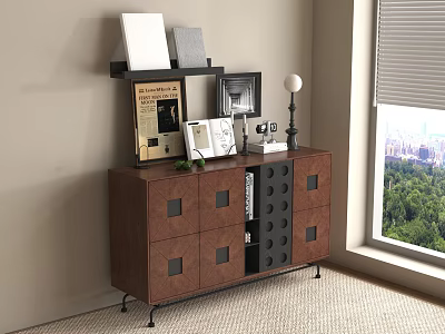 Brown Sideboard with Square Cutouts Shelf Books Photo Frames Table Lamp by Window City View 3d model