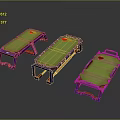 Three Medical Devices with Purple Blue Frames and Green Mats Featuring Red Emblems
