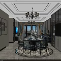 Modern Dining and Living Room Interior With White Cabinets Marble Countertop and Decorative Painting