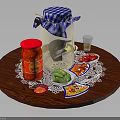 Assorted Food on Wooden Table with Lace Doily Pizza Olives Red Slices and Glass Jars