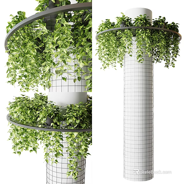 White Grid Texture Column Surrounded By Green Vines And Circular Decorative Rings 3d model 