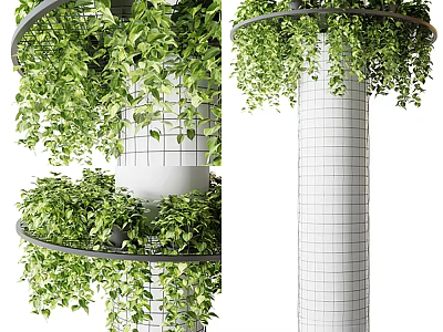White Grid Texture Column Surrounded By Green Vines And Circular Decorative Rings 3d model
