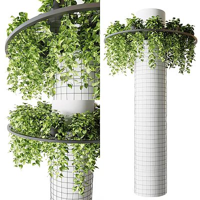White Grid Texture Column Surrounded By Green Vines And Circular Decorative Rings 3d model