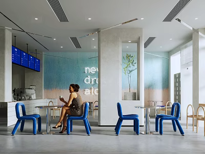 Modern Café Interior With Blue Chairs And Seated Customer Near Coffee Counter Wall Art 3d model