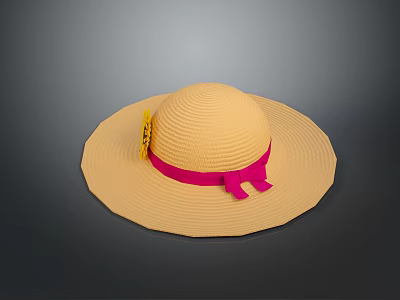 Beige Woven Sun Hat With Pink Bow And Yellow Tag For Summer Wear 3d model