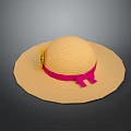 Beige Woven Sun Hat With Pink Bow And Yellow Tag For Summer Wear