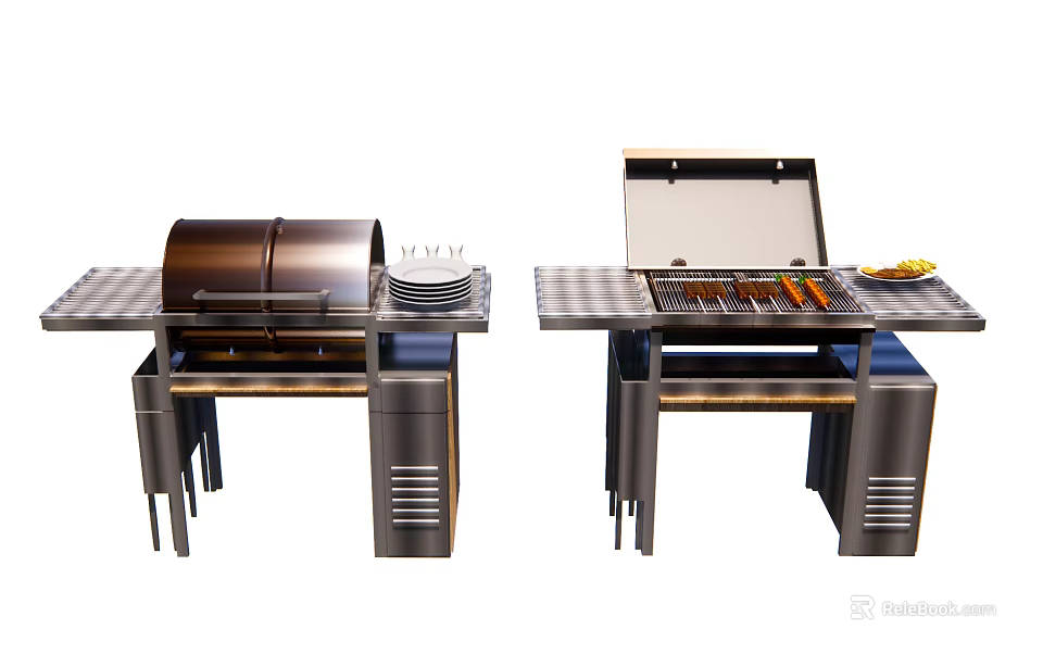 Outdoor Grill Setup With Tabletop Stands Plates Skewers And Fresh Fruit 3d model 