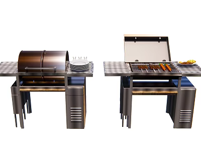 Outdoor Grill Setup With Tabletop Stands Plates Skewers And Fresh Fruit 3d model