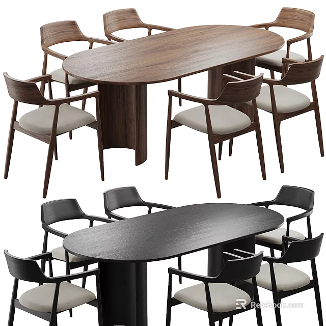 Dining Table and Chair Set with Oval Wooden Black Tops and Six Light Cushioned Chairs 3d model 