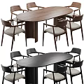 Dining Table and Chair Set with Oval Wooden Black Tops and Six Light Cushioned Chairs