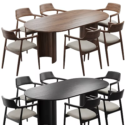 Dining Table and Chair Set with Oval Wooden Black Tops and Six Light Cushioned Chairs 3d model