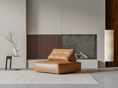 Brown Leather Single Sofa In Modern Minimalist Living Room With Fireplace And Side Table 3d model