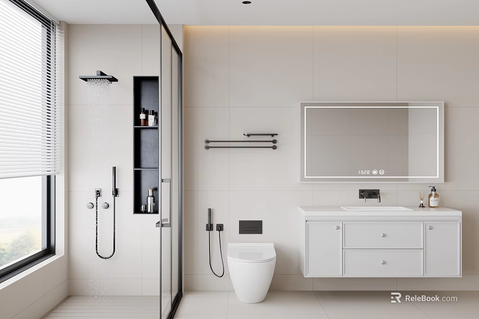 Modern Bathroom Interior Design With Glass Shower Enclosure White Toilet Vanity Mirror And Tile Walls 3d model 