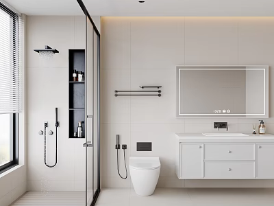 Modern Bathroom Interior Design With Glass Shower Enclosure White Toilet Vanity Mirror And Tile Walls 3d model