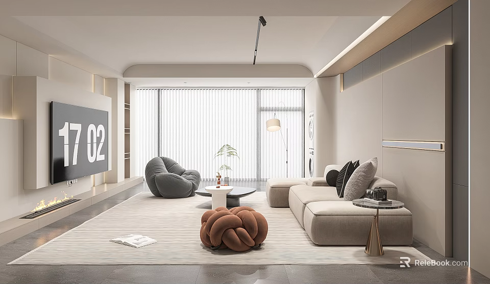 Modern Living Room Interior Design With Beige Sofa Grey Armchair Coffee Table And Knitted Pouf 3d model 