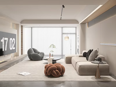 Modern Living Room Interior Design With Beige Sofa Grey Armchair Coffee Table And Knitted Pouf 3d model