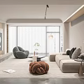 Modern Living Room Interior Design With Beige Sofa Grey Armchair Coffee Table And Knitted Pouf