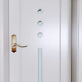 Modern White Hinged Door With Decorative Glass Panels And Golden Handle