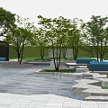 Serene Courtyard Garden With Lush Trees Water Feature Stone Pathway And Blue Seating