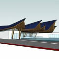 Modern Architectural Design With Blue Angled Roofs Wooden Structures And Pool Area 3d model