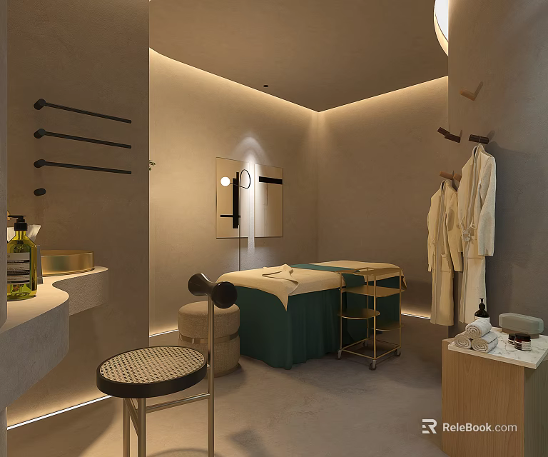 Serene SPA Sauna Interior With Massage Bed Robes Soft Lighting And Wooden Elements 3d model 