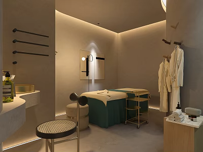 Serene SPA Sauna Interior With Massage Bed Robes Soft Lighting And Wooden Elements 3d model