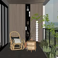 Cozy Home Balcony with Wooden Design Wicker Chair Small Round Table and Green Plants