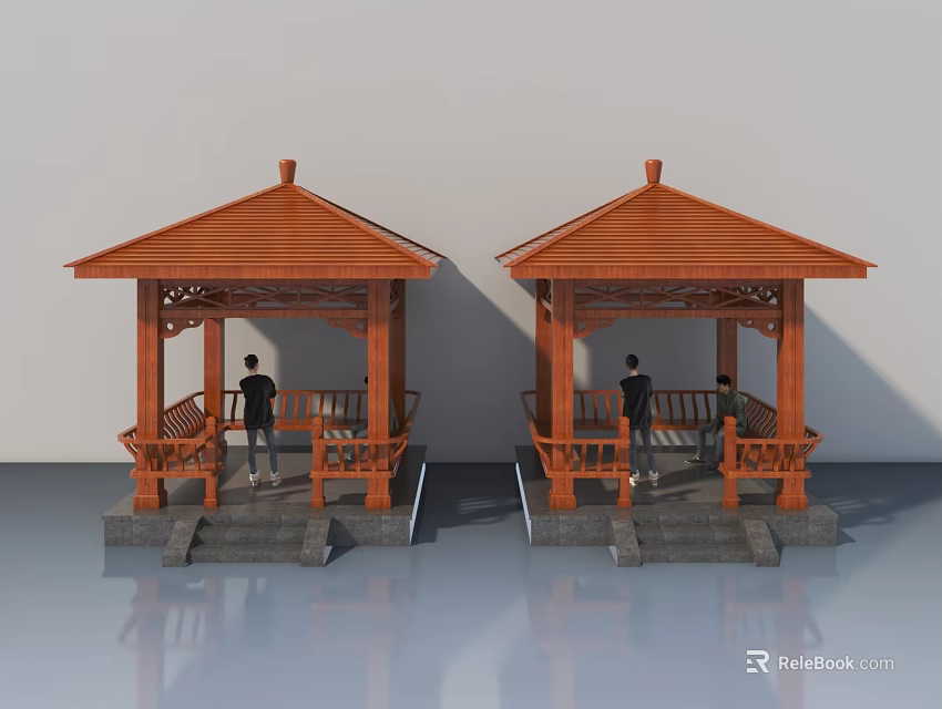 Two Traditional Wooden Pavilions With Red Roofs Railings Steps And People 3d model 