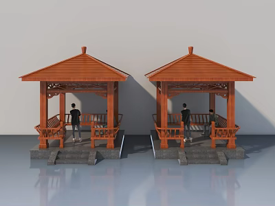 Two Traditional Wooden Pavilions With Red Roofs Railings Steps And People 3d model