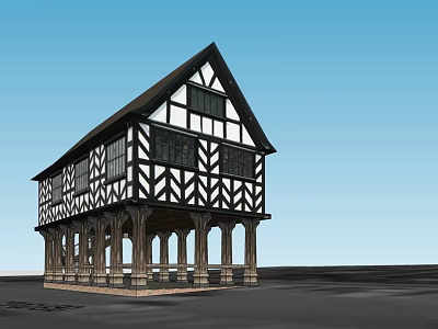 Classic European Architecture with Black and White Half Timbered Steep Roof and Arched Columns Portico 3d model