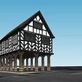 Classic European Architecture with Black and White Half Timbered Steep Roof and Arched Columns Portico