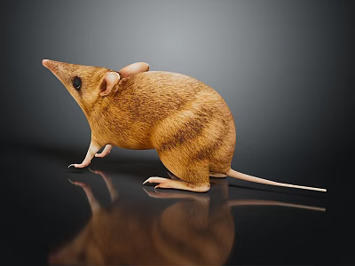 Brown Striped Mouse Standing On Black Surface With Reflection And Shiny Fur 3d model